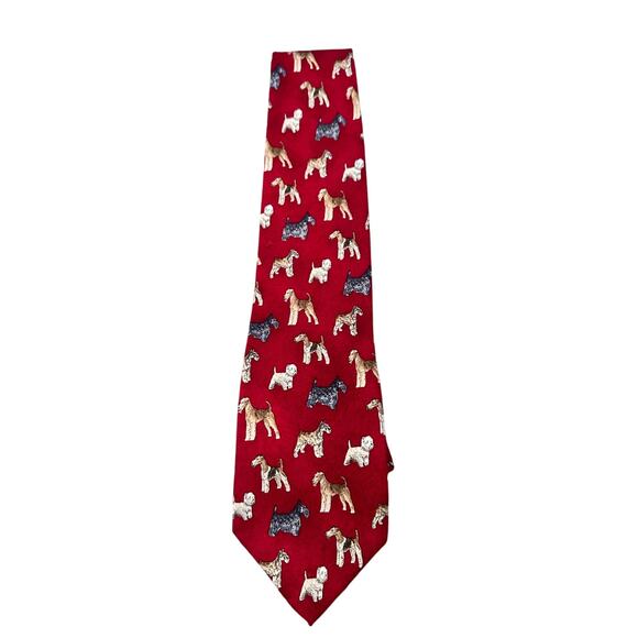 Parker Sage Men's Red 100% Silk Dog mini schnauzer terrier Pattern Neck Tie - Picture 1 of 4